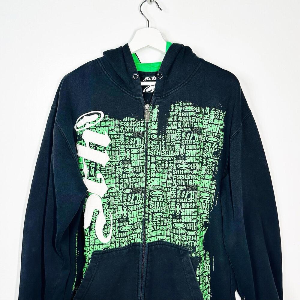 Vintage SRH Hoodie Mens Size Medium Full Zip Grunge Y2k Black Green Skate